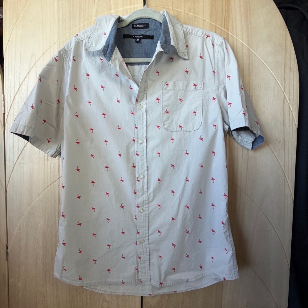 Carbon Button Down Shirt Mens Medium Gray Flamingo Print Short Sleeve Classic F